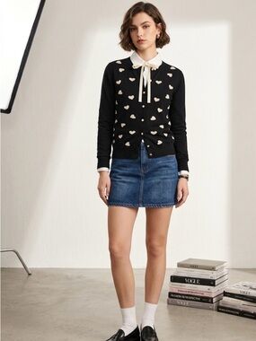 Tenney Rose- Black Heart-Print Cardigan with Cream buttons